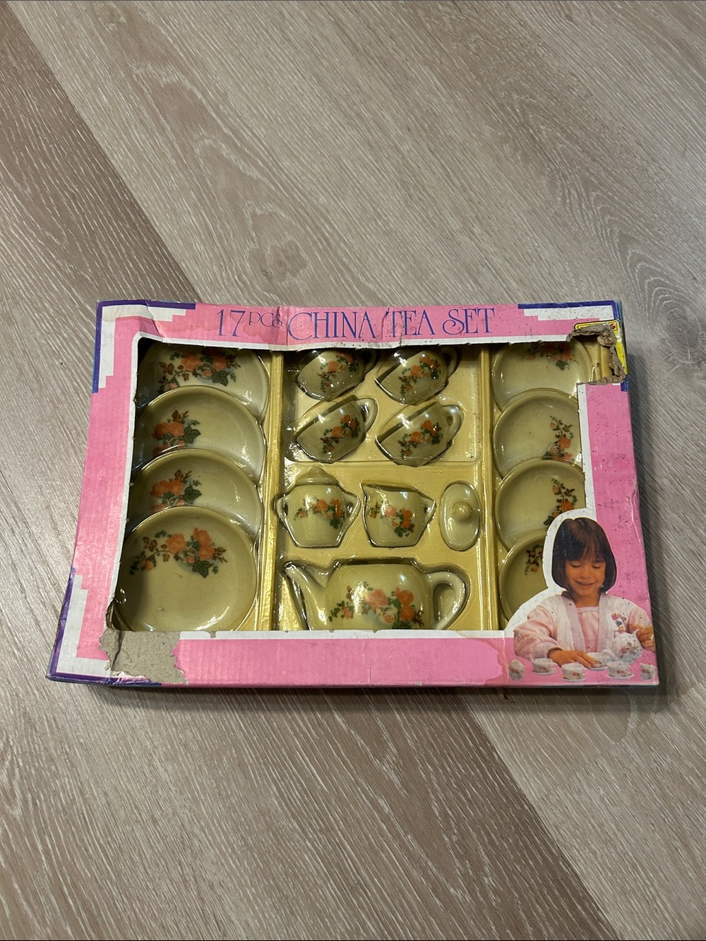17pc China Tea Set - Pink Floral Miniature Play Porcelain Set